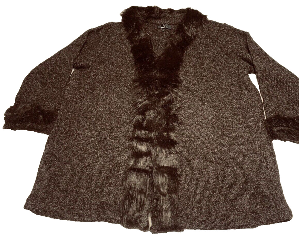 Dennis Basso 3X Faux Fur Trim Cardigan Sweater Jacket Brown Knit UNWORN NWOT